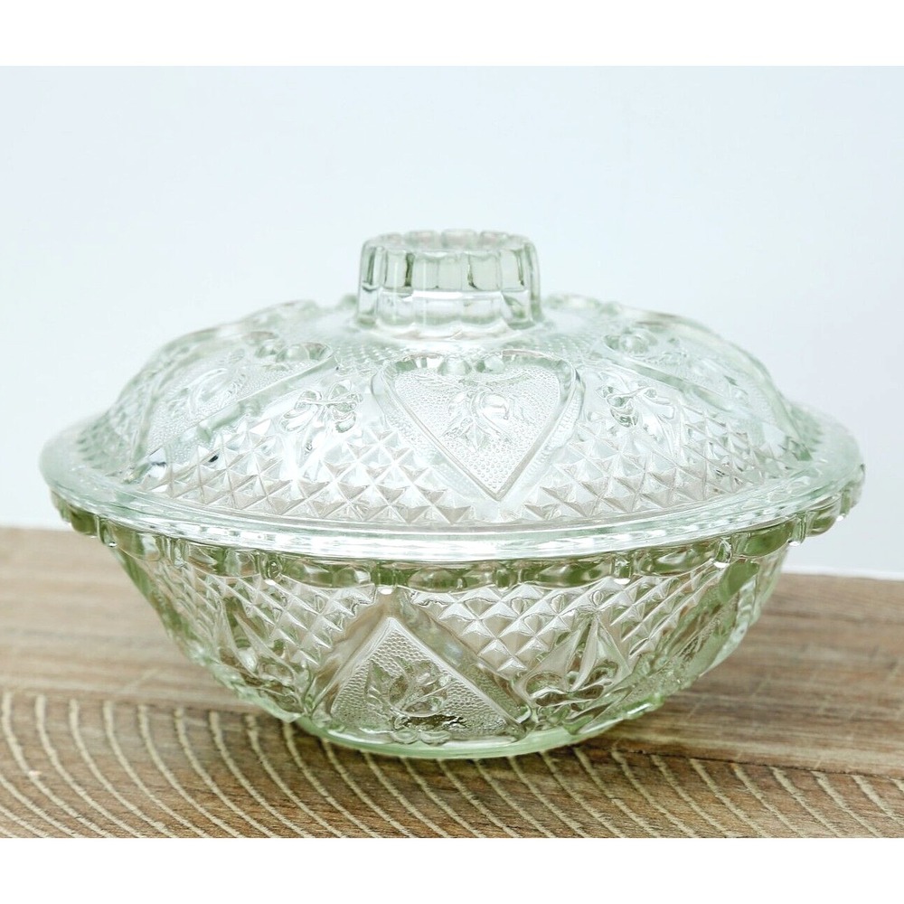 KIG Malaysia Vintage‎ Clear Depression Glass 5.25" Candy Dish w/Lid Roses Hearts
